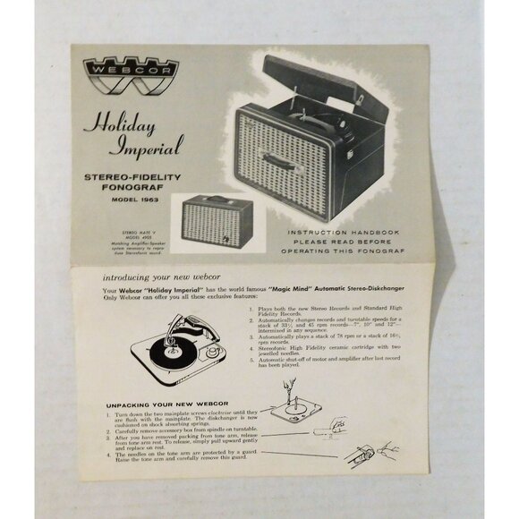 Webcor Holiday Imperial Stereo-Fidelity Fonograf Model 1963 Instruction Manual V - Picture 5 of 5